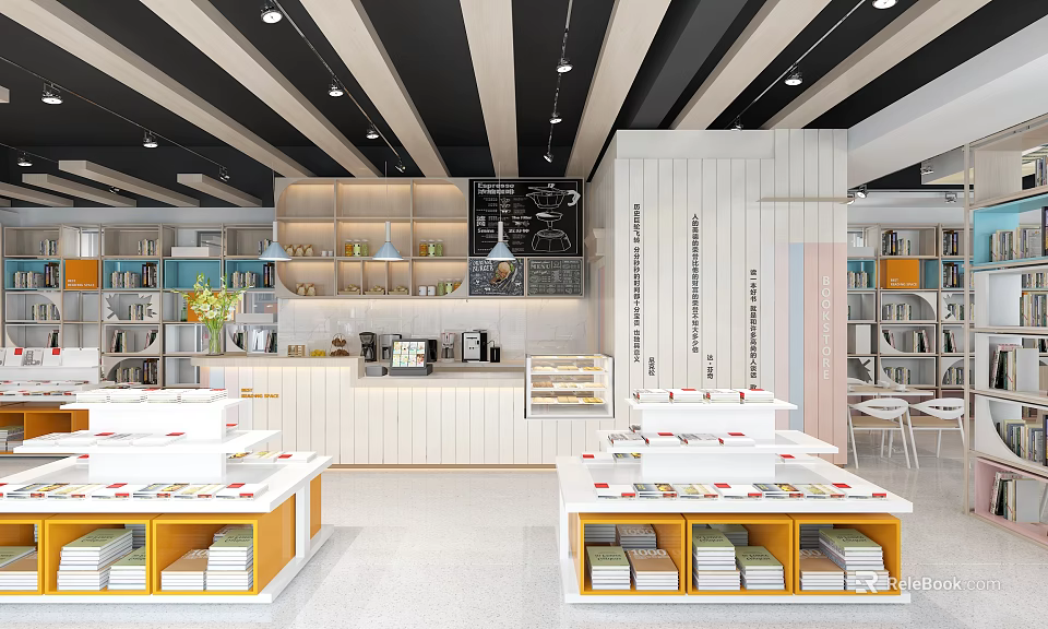 Bright Modern Book Art Store Interior Featuring Bookshelves Display Tables And Ceiling Design 3d model 