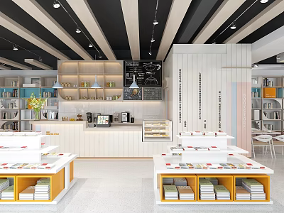 Bright Modern Book Art Store Interior Featuring Bookshelves Display Tables And Ceiling Design 3d model