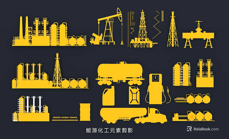 Energy Chemical Industry Silhouettes With Oil Rigs Storage Tanks And Refinery Equipment 3d model 