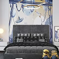 Kids Bedroom Interior With Colorful Mural Comfortable Bed Minion Toys Chandelier And Rug