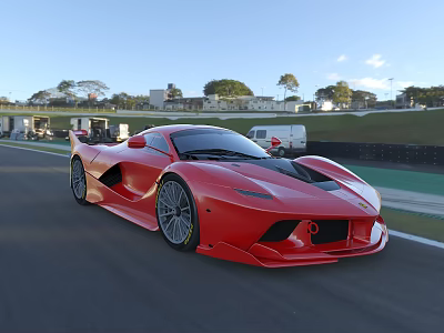 Red Sports Car Driving On Race Track With Grass And Track Facilities 3d model
