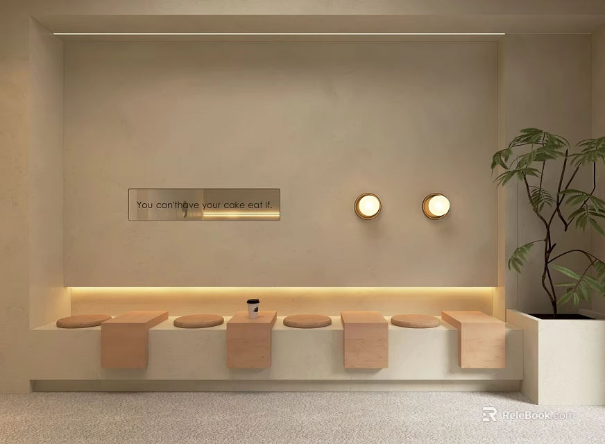 Modern Minimalist Bar Counter Space With Stylish Bar Stools Soft Lighting And Green Plant 3d model 