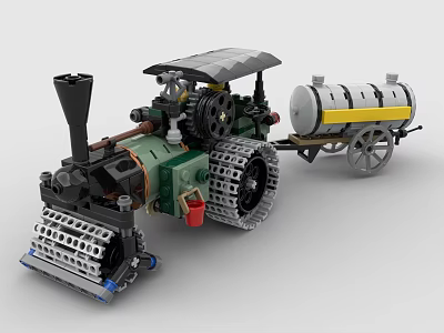 Vintage Building Blocks Tractor Model With Tracks Steam Engine And Tank Trailer 3d model