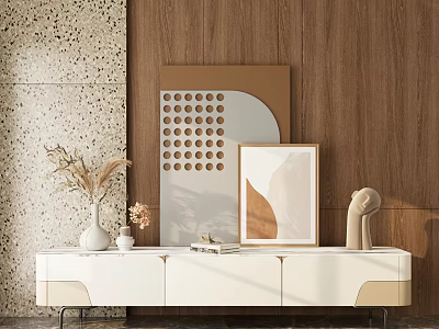 Stylish White TV Stand With Vase Books Sculpture And Decorative Paintings On Wooden Wall 3d model
