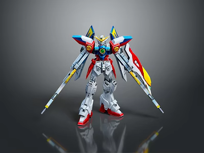 Detailed Colorful Mecha Robot Model Standing With Blue Yellow Red Wings And Swords On Reflective Surface 3d model