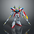 Detailed Colorful Mecha Robot Model Standing With Blue Yellow Red Wings And Swords On Reflective Surface