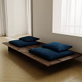 Two Seater Sofa with Blue Cushions and Wooden Base by Window in Minimalist Style