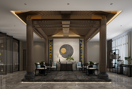 New Chinese Style Reception Hall Lobby Styling Pillars 3d model