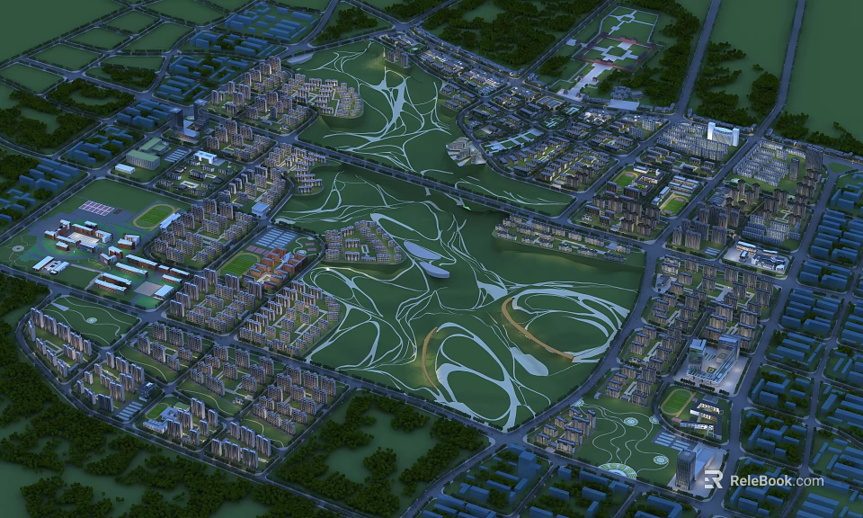 Aerial View Urban Planning With Green Spaces Building Layouts And Road Networks 3d model 