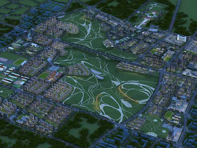 Aerial View Urban Planning With Green Spaces Building Layouts And Road Networks 3d model