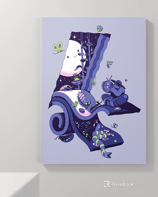 Abstract Painting With Purple Tones Spiral Patterns Butterflies Insects And Green Elements 3d model 