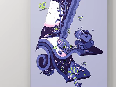 Abstract Painting With Purple Tones Spiral Patterns Butterflies Insects And Green Elements 3d model
