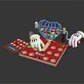 Bingo Game Setup With Cage Numbered Balls Red Board Card And Gloves