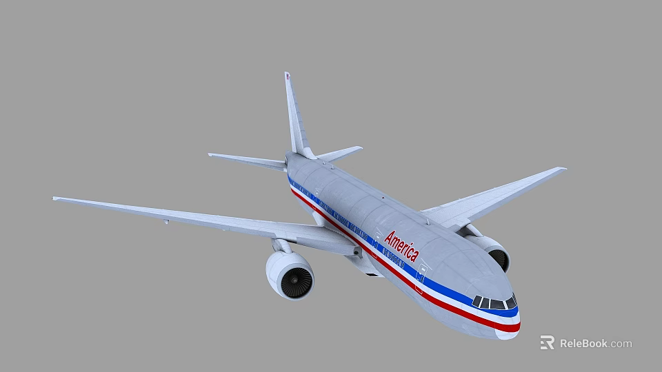 American Passenger Plane With Gray Body Red Blue Stripes And White Wings 3d model 