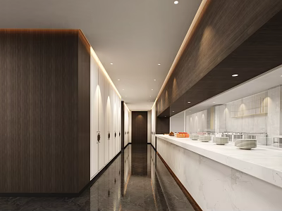 Modern Restaurant Interior With Corridor Layout Wooden Walls And White Countertop Lighting 3d model