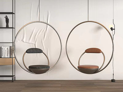 Modern Minimalist Hanging Chairs With Round Frame And Black Brown Cushions In Indoor Space 3d model