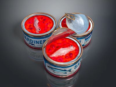Three Open Sardine Cans With Red Sauce And Fish Inside 3d model