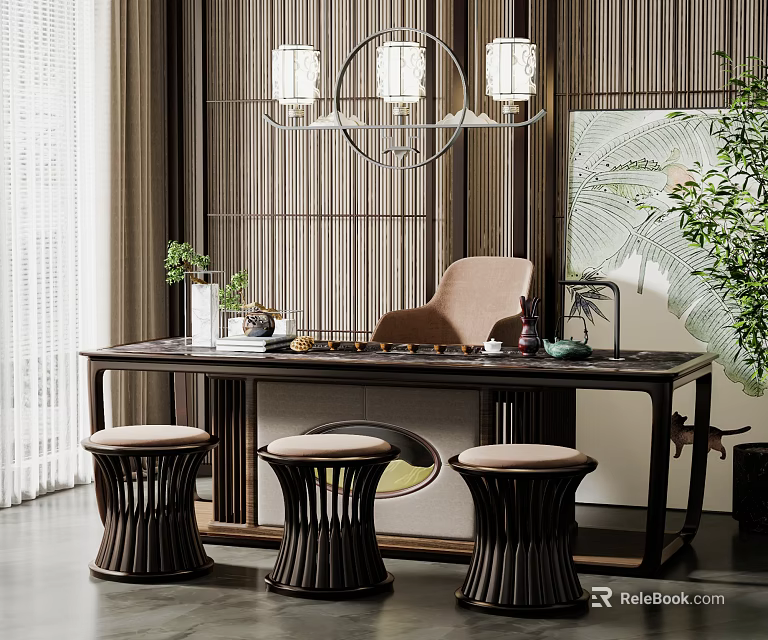 Modern Chinese Tea Table With Stools Wooden Screen Chandelier And Green Plant Decor 3d model 