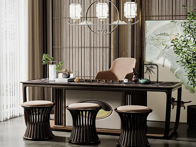 Modern Chinese Tea Table With Stools Wooden Screen Chandelier And Green Plant Decor 3d model
