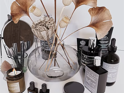 Perfume Cosmetics Collection With Skincare Bottles Dried Flowers And Decorative Vase 3d model