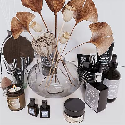 Perfume Cosmetics Collection With Skincare Bottles Dried Flowers And Decorative Vase 3d model