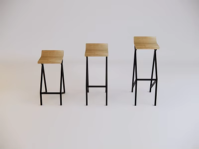 Three Modern Bar Stools With Wooden Seats And Black Metal Legs On White Background 3d model