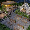 Outdoor Teahouse Featuring Wooden Pavilion String Lights Greenery Stone Pathway Tables And Chairs