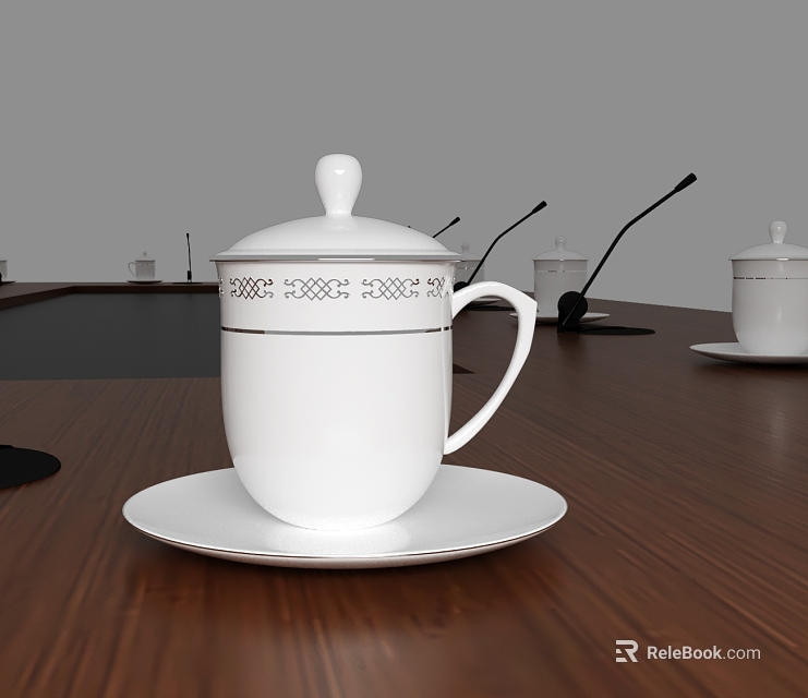 White Ceramic Cup With Lid And Decorative Pattern On Wooden Meeting Room Table 3d model 