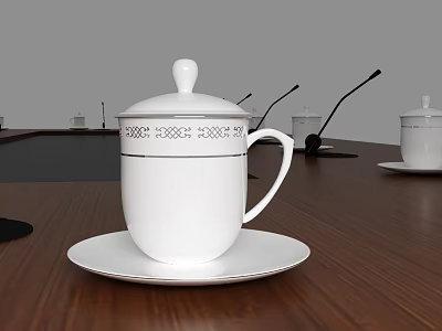 White Ceramic Cup With Lid And Decorative Pattern On Wooden Meeting Room Table 3d model