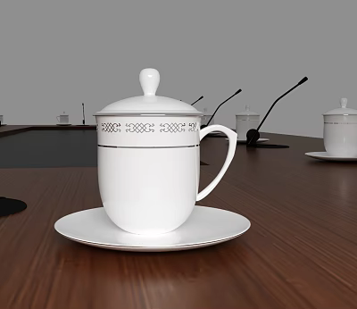 White Ceramic Cup With Lid And Decorative Pattern On Wooden Meeting Room Table 3d model White Ceramic Cup With Lid And Decorative Pattern On Wooden Meeting Room Table 3d model