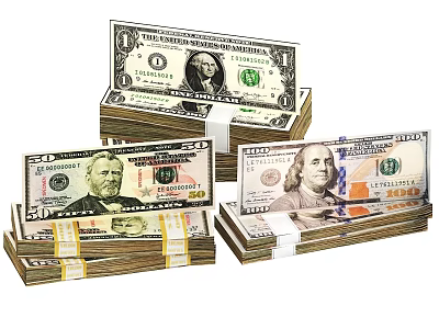 Neatly Stacked US Dollar Banknotes with Various Denominations and Historical Portraits 3d model