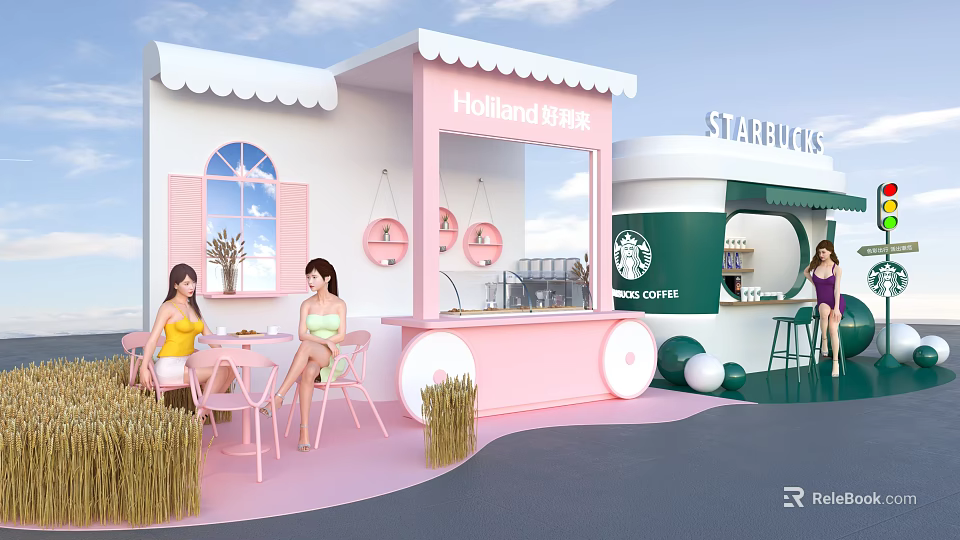 Pink Holland Milk Coffee Kiosk And Starbucks Photo Check In Spot With Round Windows 3d model 
