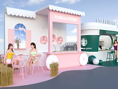 Pink Holland Milk Coffee Kiosk And Starbucks Photo Check In Spot With Round Windows 3d model