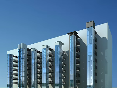 Elevator In Modern High Rise Building With Glass Curtain Wall Exterior 3d model