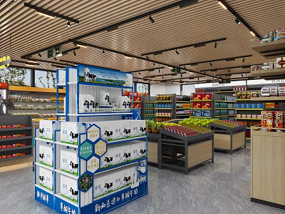 Bright Supermarket Interior with Neatly Arranged Shelves Milk Products Fruit Section and Various Goods 3d model