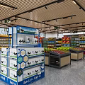 Bright Supermarket Interior with Neatly Arranged Shelves Milk Products Fruit Section and Various Goods
