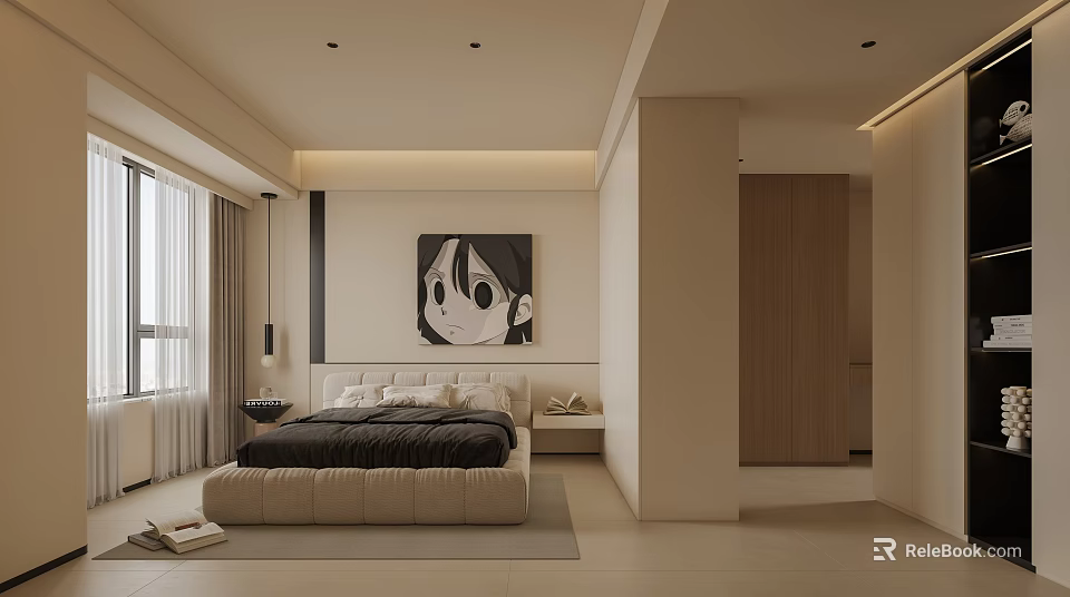 Modern Bedroom Interior With Beige Tones Large Bed Anime Painting Window Curtains And Wardrobe 3d model 