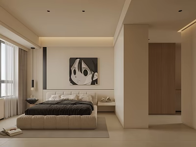 Modern Bedroom Interior With Beige Tones Large Bed Anime Painting Window Curtains And Wardrobe 3d model