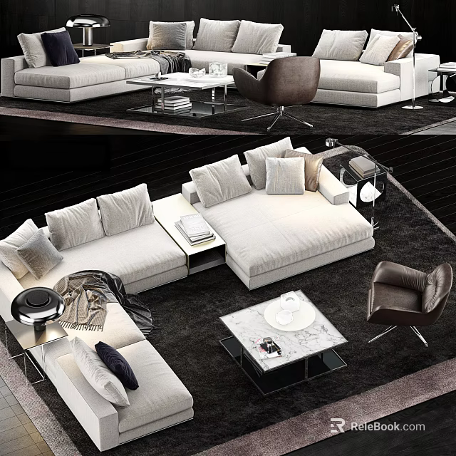 Modern White Sofa Coffee Table Set Interior With Pillows Marble Top And Area Rug 3d model