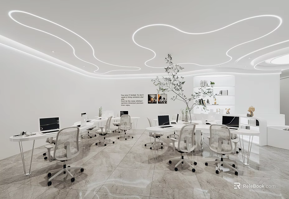 Modern Public Office Space with White Curved Ceiling Lights Transparent Chairs Desks Laptops Plant and Bookshelf 3d model 