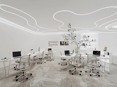 Modern Public Office Space with White Curved Ceiling Lights Transparent Chairs Desks Laptops Plant and Bookshelf 3d model