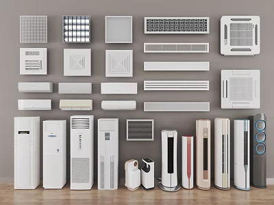 Various Air Conditioner Fan Designs Including Wall Mounted Standing And Cabinet Types 3d model