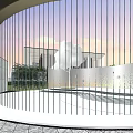 Contemporary Garden Landscape With Circular Metal Screen Vertical Lines Green Tree And Water Feature