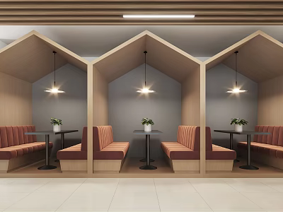 Modern Lounge Area With Wooden Booths Red Benches Round Tables Potted Plants And Hanging Lights 3d model