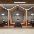 Modern Lounge Area With Wooden Booths Red Benches Round Tables Potted Plants And Hanging Lights
