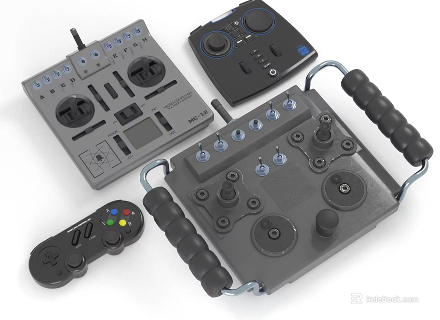 Multiple Industrial Control Controllers With Knobs Buttons Handles And Gamepad Design 3d model 