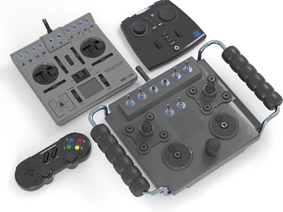 Multiple Industrial Control Controllers With Knobs Buttons Handles And Gamepad Design 3d model