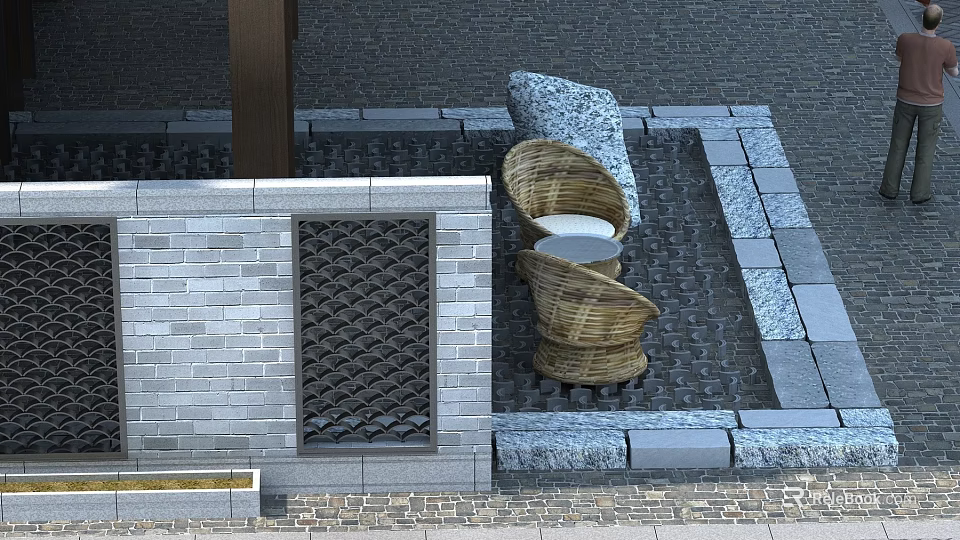 Swing Door In Courtyard With Gray Brick Wall Woven Rattan Chairs And Stone Table 3d model 
