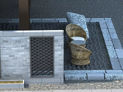 Swing Door In Courtyard With Gray Brick Wall Woven Rattan Chairs And Stone Table 3d model