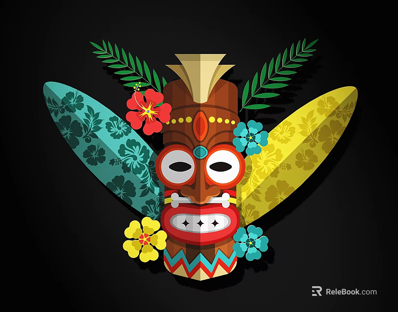 Decorative Tiki Mask With Patterned Surfboards Colorful Flowers And Tropical Leaves 3d model 